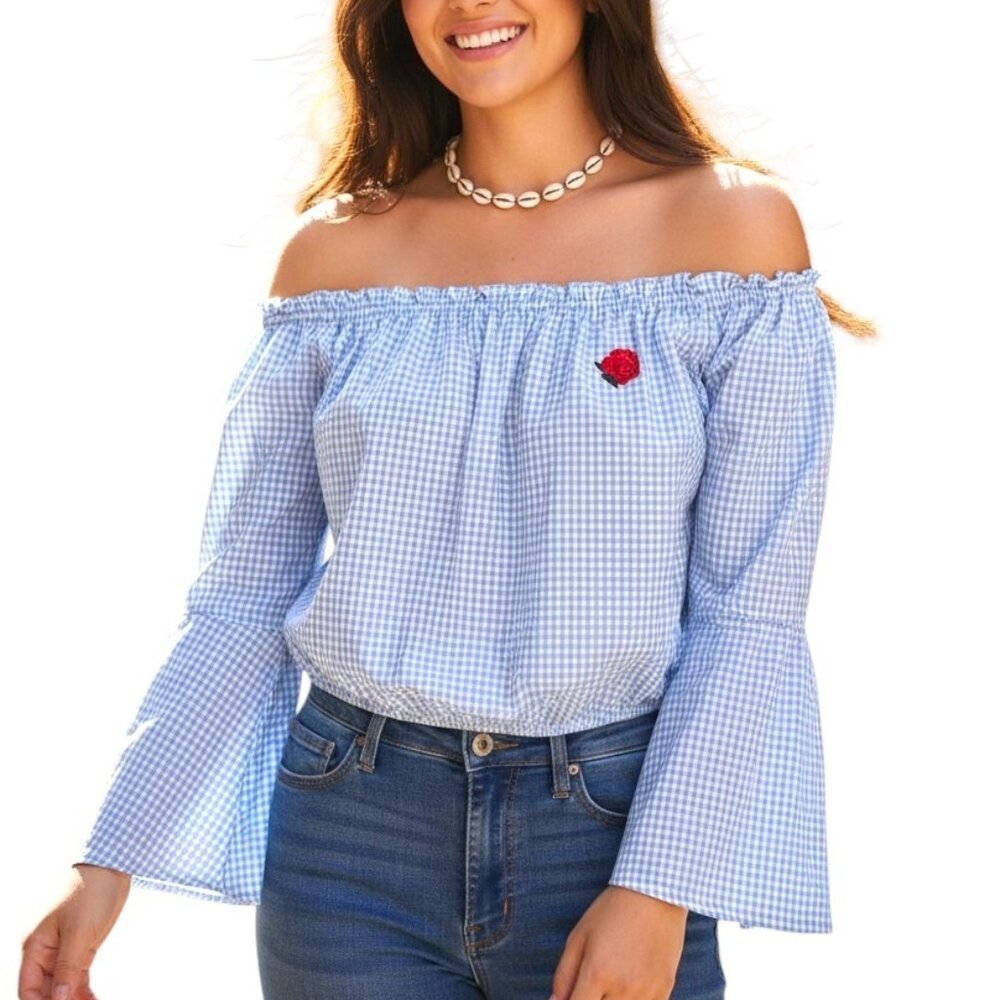 Forever 21 Blue and White Gingham Peasant Blouse Size Large